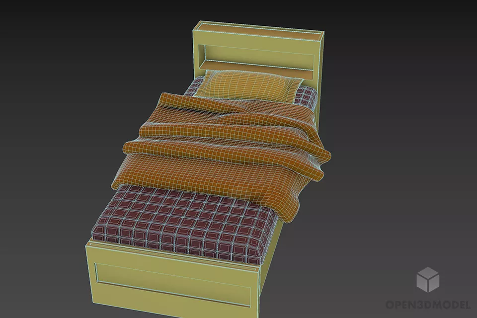 Modern Single Bed Wooden Frame With Mattress 3d model 3
