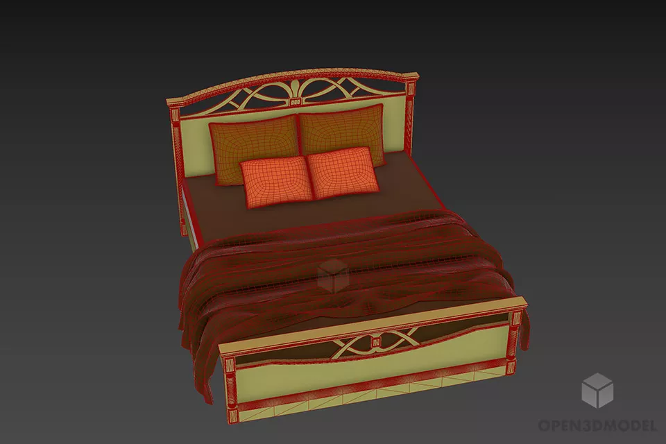 Vintage Double Bed With Mattress And Pillow 3d model 3