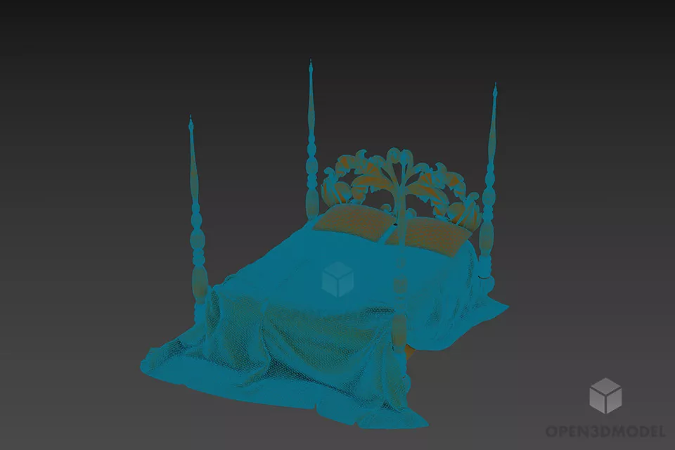 Carved Poster Bed With Mattress And Pillow 3d model 2