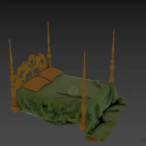 Carved Poster Bed With Mattress And Pillow 3d model
