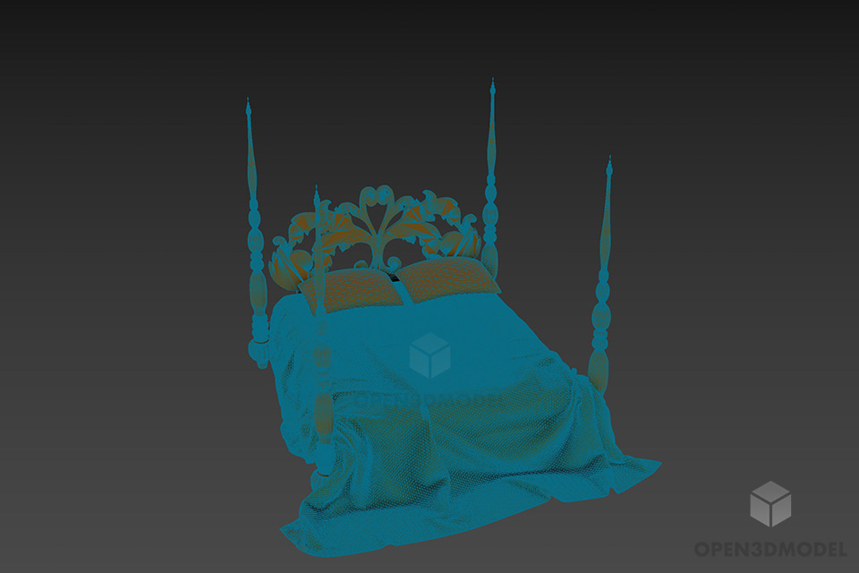 Carved Poster Bed With Mattress And Pillow 3d model 3