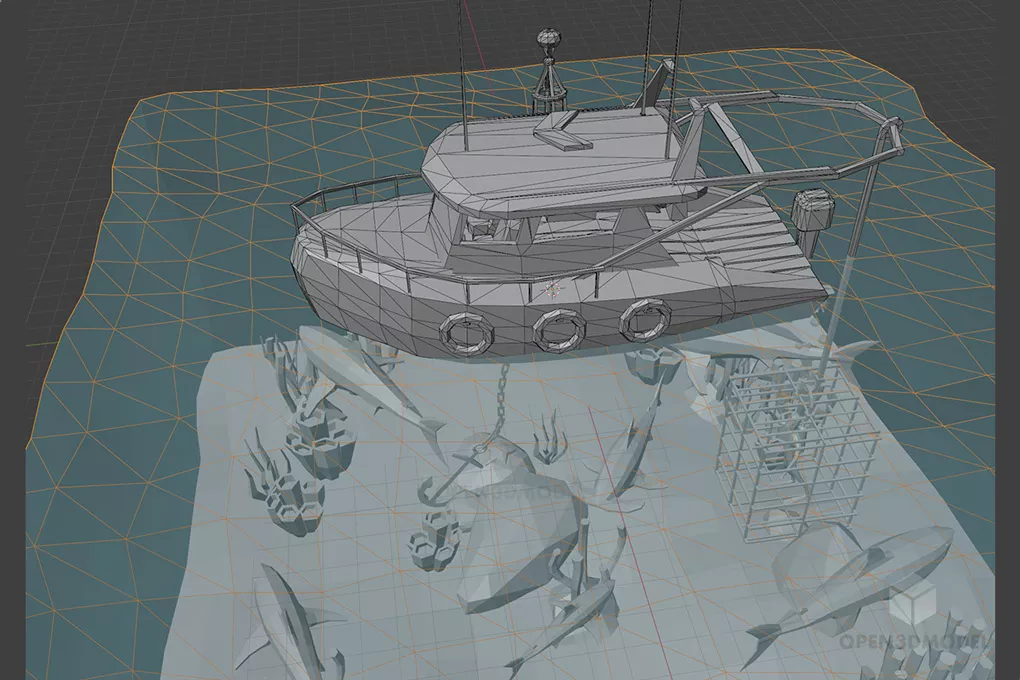 Shark With Boat Sea Landscape 3d model 2