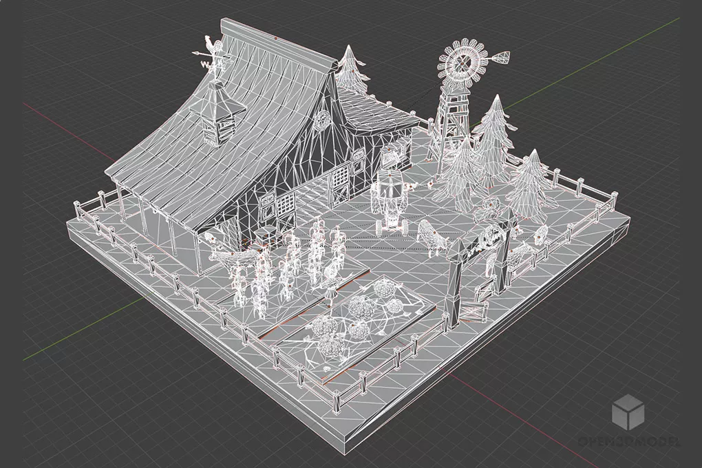 Low Poly Farm House with Animal 3d model 2