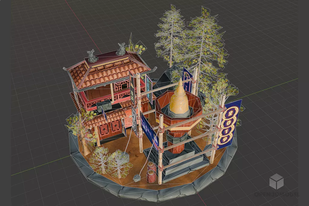 Cartoon Gate Chinese Town 3d model 2