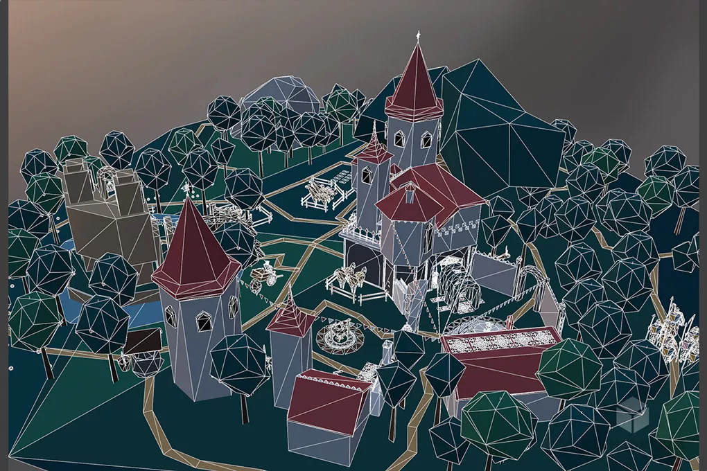 Cartoon Village Building With Castle, Road And Landscape 3d model 2
