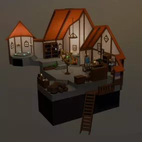 Low Poly Cartoon Room With Forniture 3d model