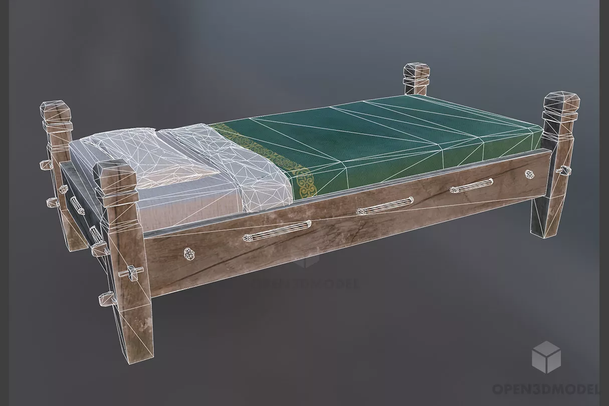 Wooden Single Bed With Mattress 3d model 2