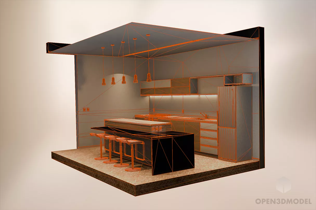 Modern House Kitchen Cabinet With Lighting 3d model 2