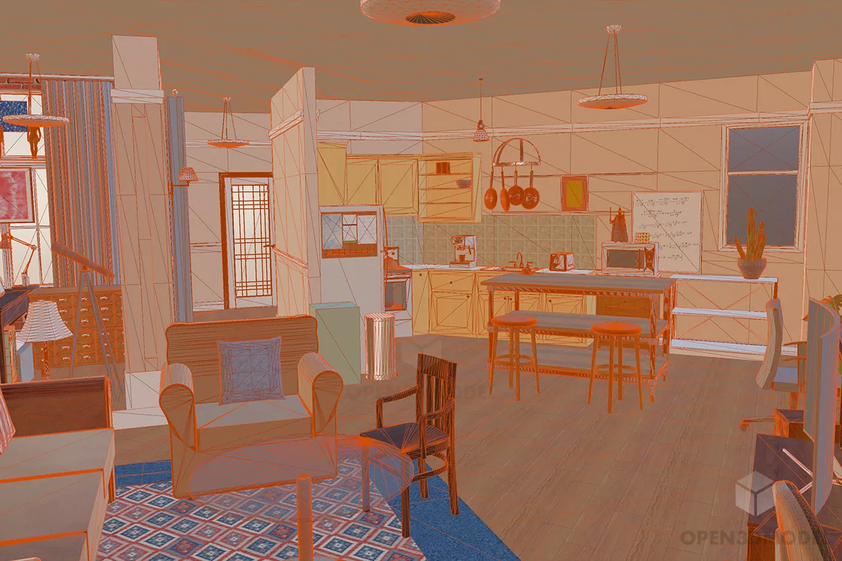 Retro Apartment Interior With Furniture, Bookcase 3d model 2