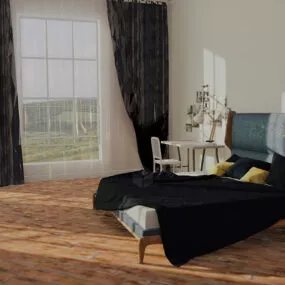 Interior Bedroom With Bed And Wooden Floor 3d model