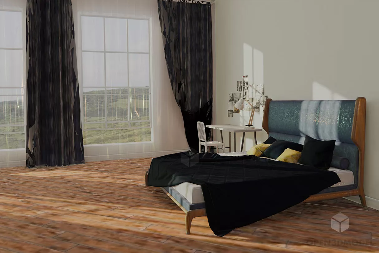 Interior Bedroom With Bed And Wooden Floor Free 3d Model - .fbx, .obj 