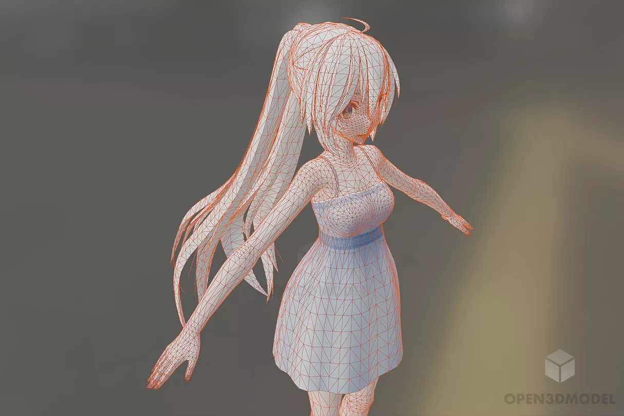 Anime Girl Miku In Long Hair 3d model 2