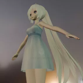 Anime Girl Miku In Long Hair 3d model