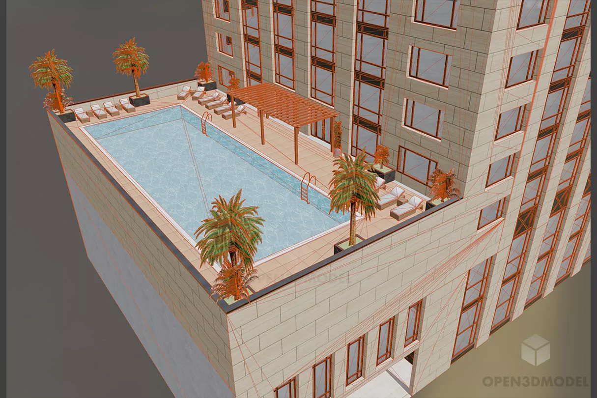 City Hotel Highrise Building 3d model 2