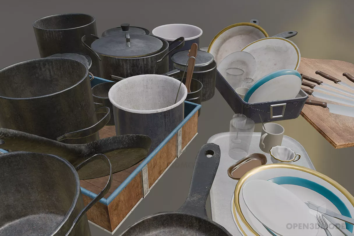 Set Of Food On Tray With Wine Glass 3d model