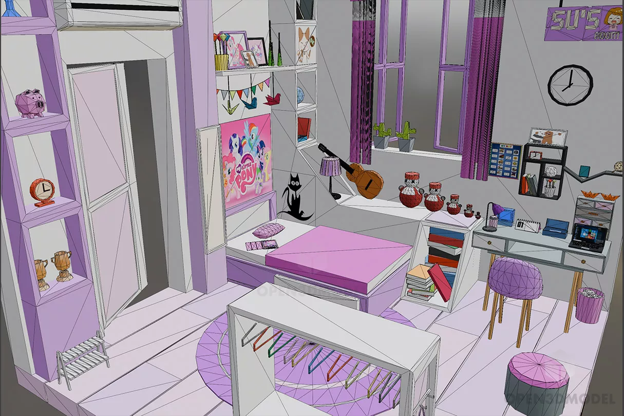 Parametric Pink Room With Furniture 3d model 2