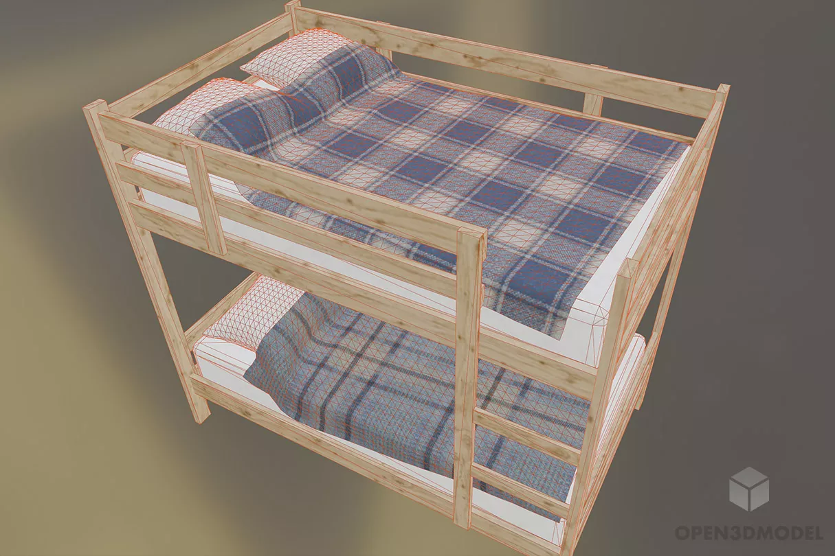 Simple Wood Bunk Bed With Mattress 3d model 2