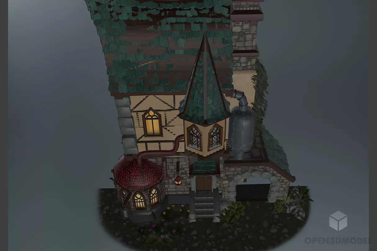 Roof House With Wooden Handrail Around 3d model