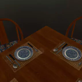 Wooden Dining Table 4 Seats With Utensil 3d model