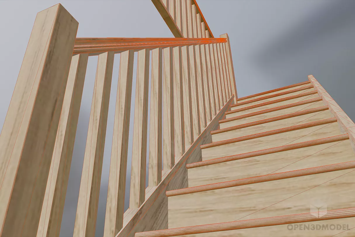 Oak Wood Staircase For Home 3d model 2