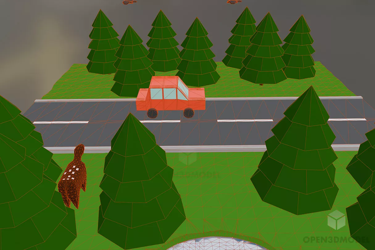 Cartoon Isometric Road With Pine Tree 3d model 2