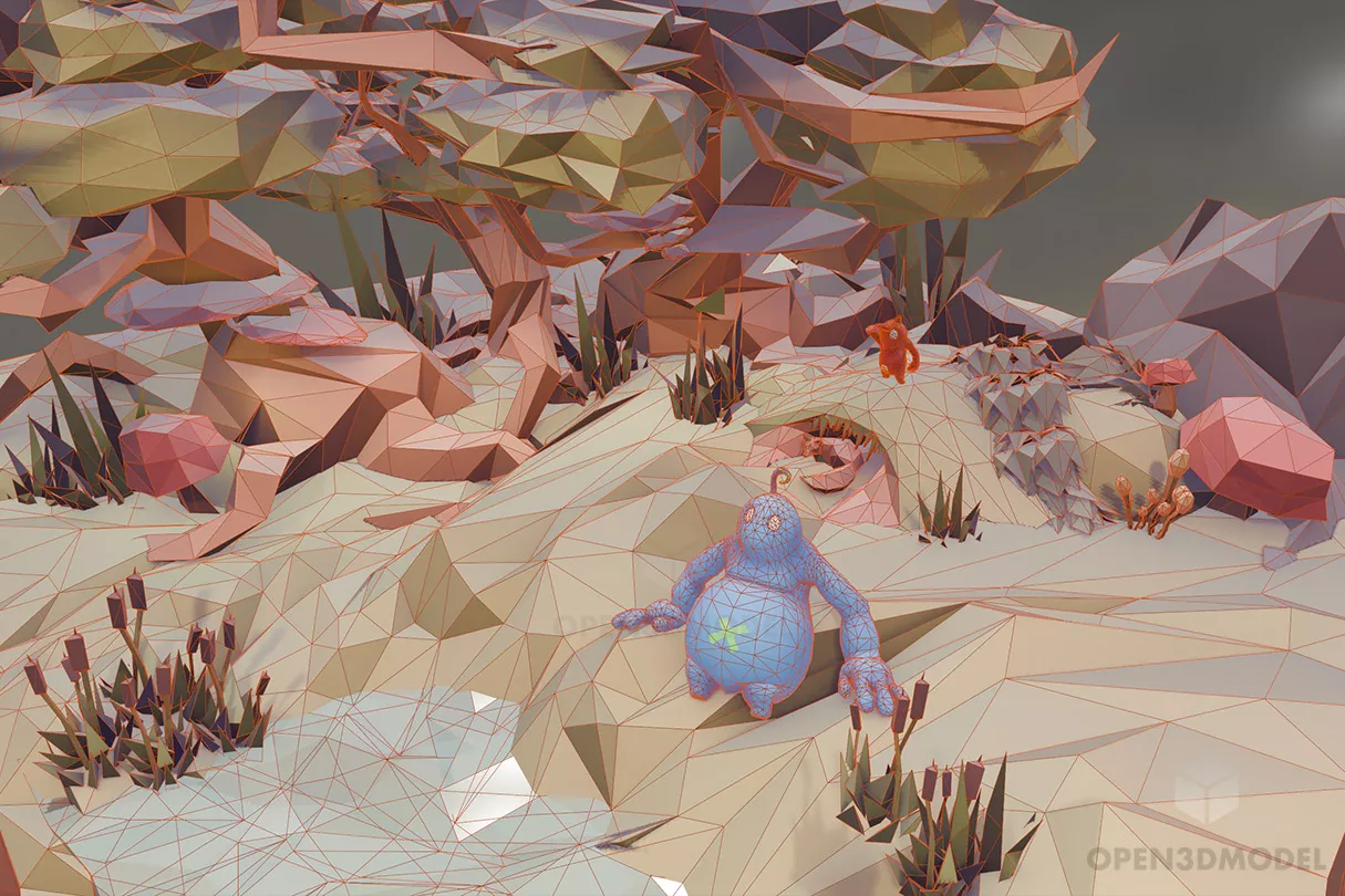 Forest Lowpoly Plant With Character 3d model 2