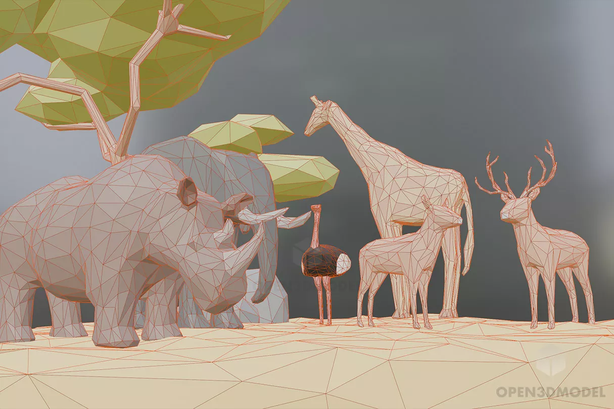 Isometric Lowpoly Animals With Tree 3d model 2