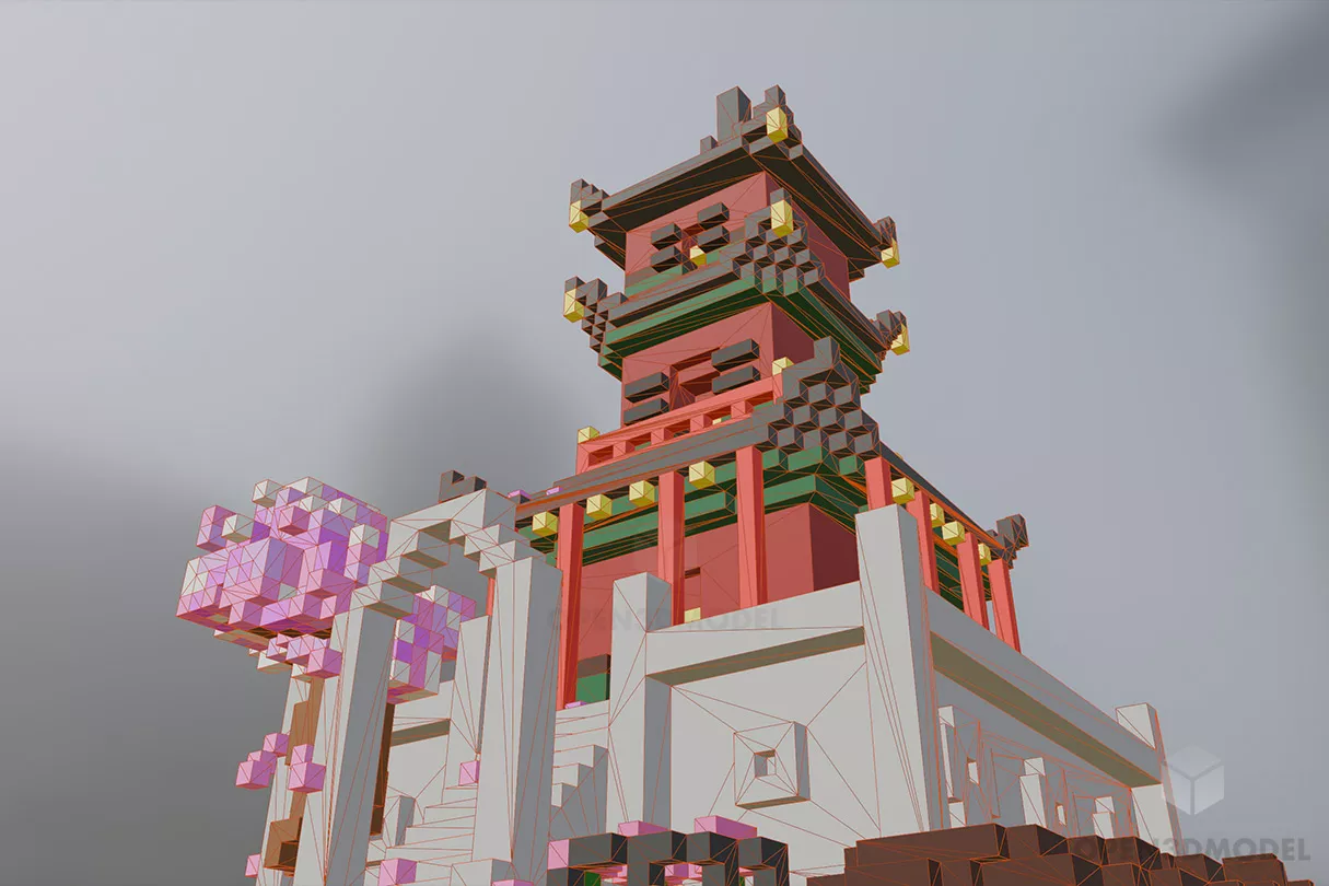 Japanese Temple Lowpoly Building 3d model 2